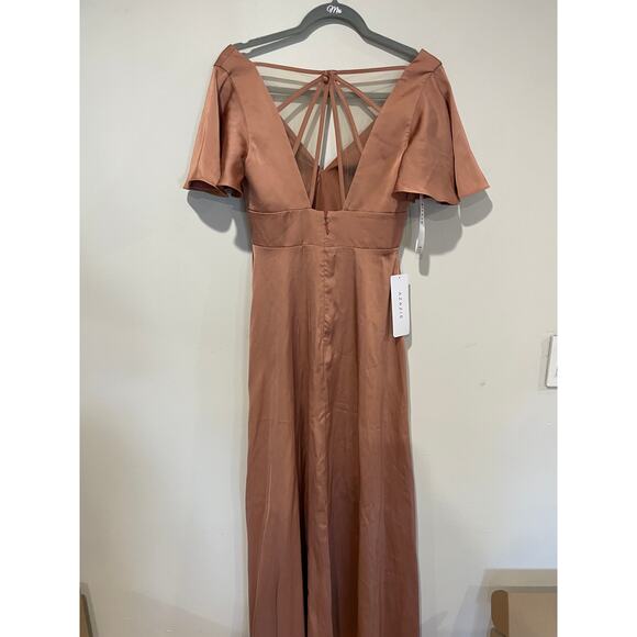 NWT Azazie Lani Stretch Satin Flounce Sleeve A-Line Dress Bronzer Womens Size A2 - Picture 7 of 8